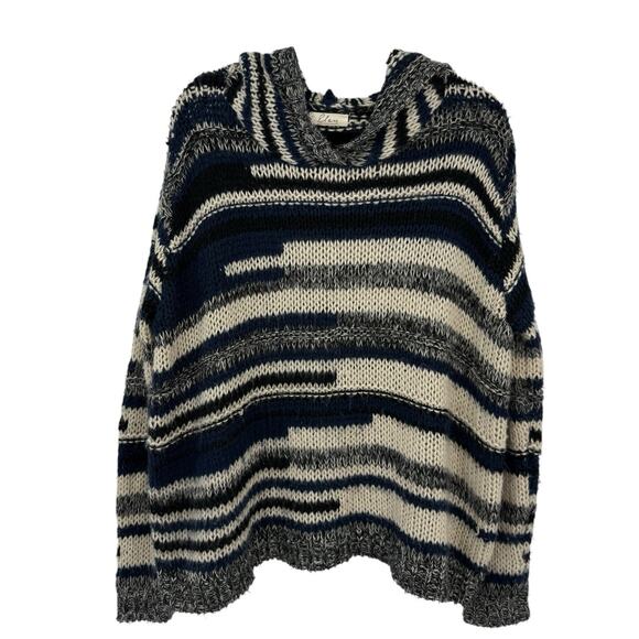 Elan Medium Chunky Beach Sweater Hooded Pullover Blue Striped Gorpcore - Picture 1 of 11